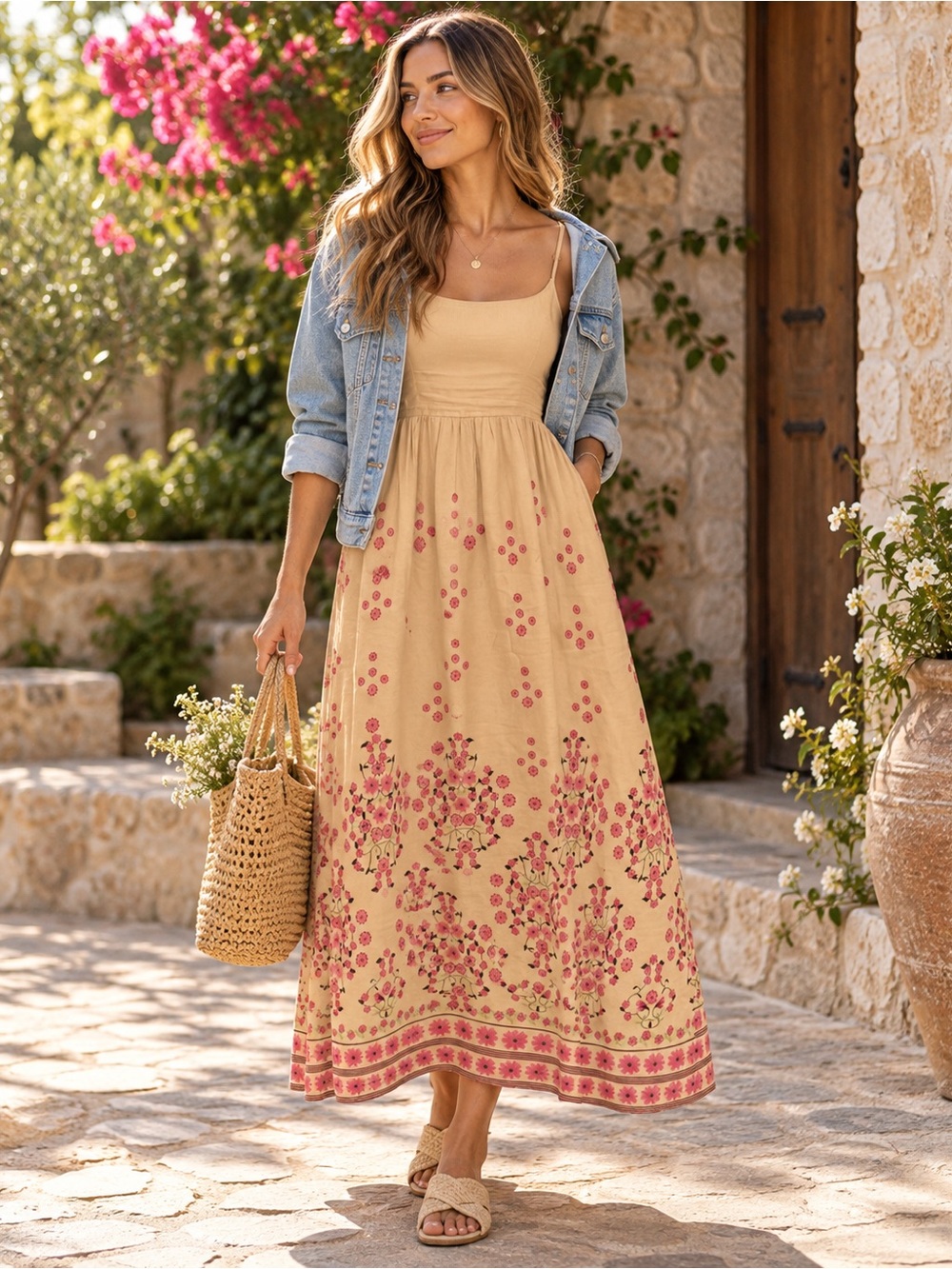 Japna Floral Linen Blend Boho Midi Dress Size Large